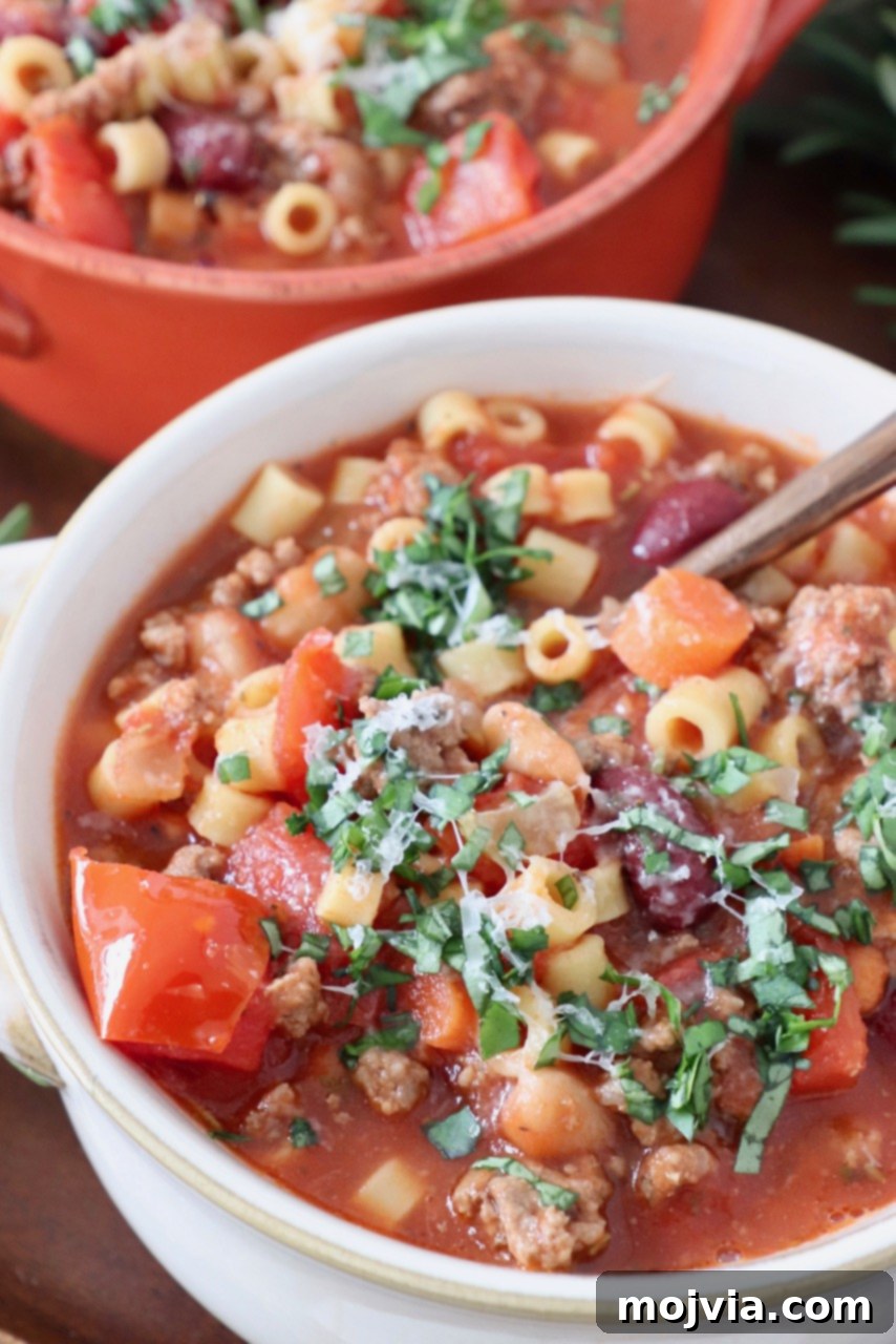 Hearty Pasta Fagioli 2 A steaming bowl of homemade Pasta Fagioli soup with a spoon, ready to be enjoyed.