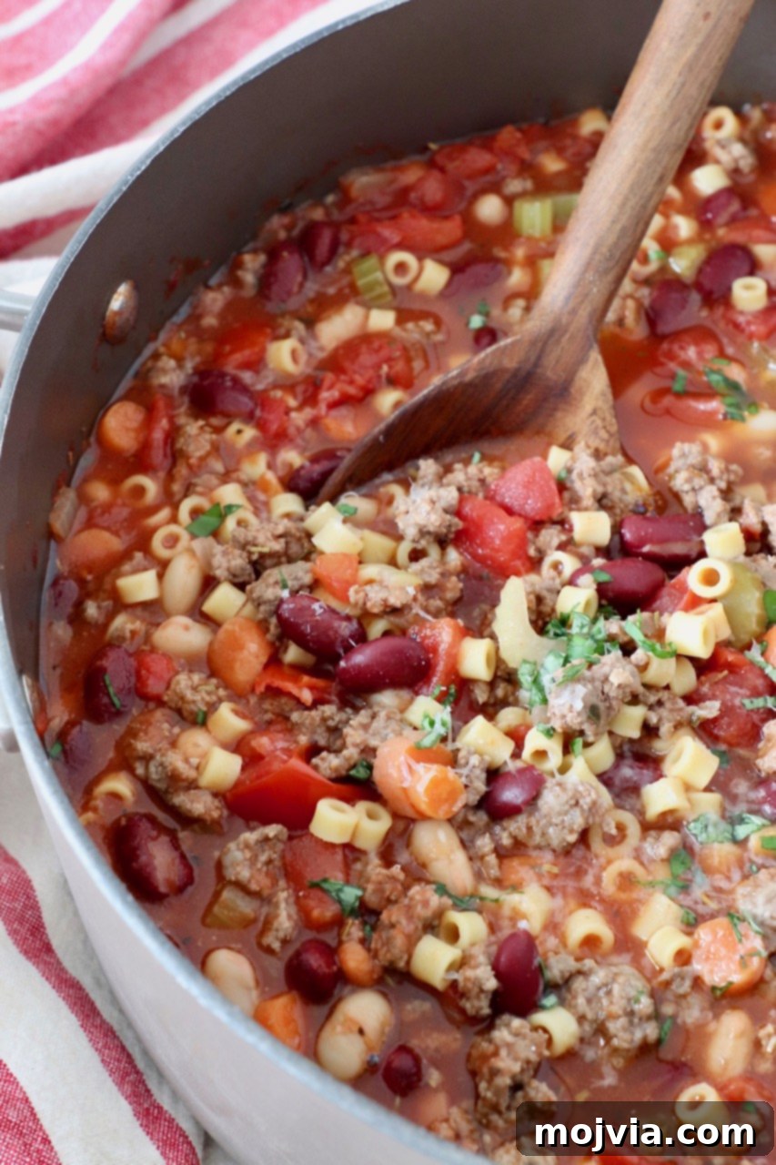 Hearty Pasta Fagioli 3 A large pot of simmering Pasta Fagioli soup with a serving spoon, ready for family dinner.