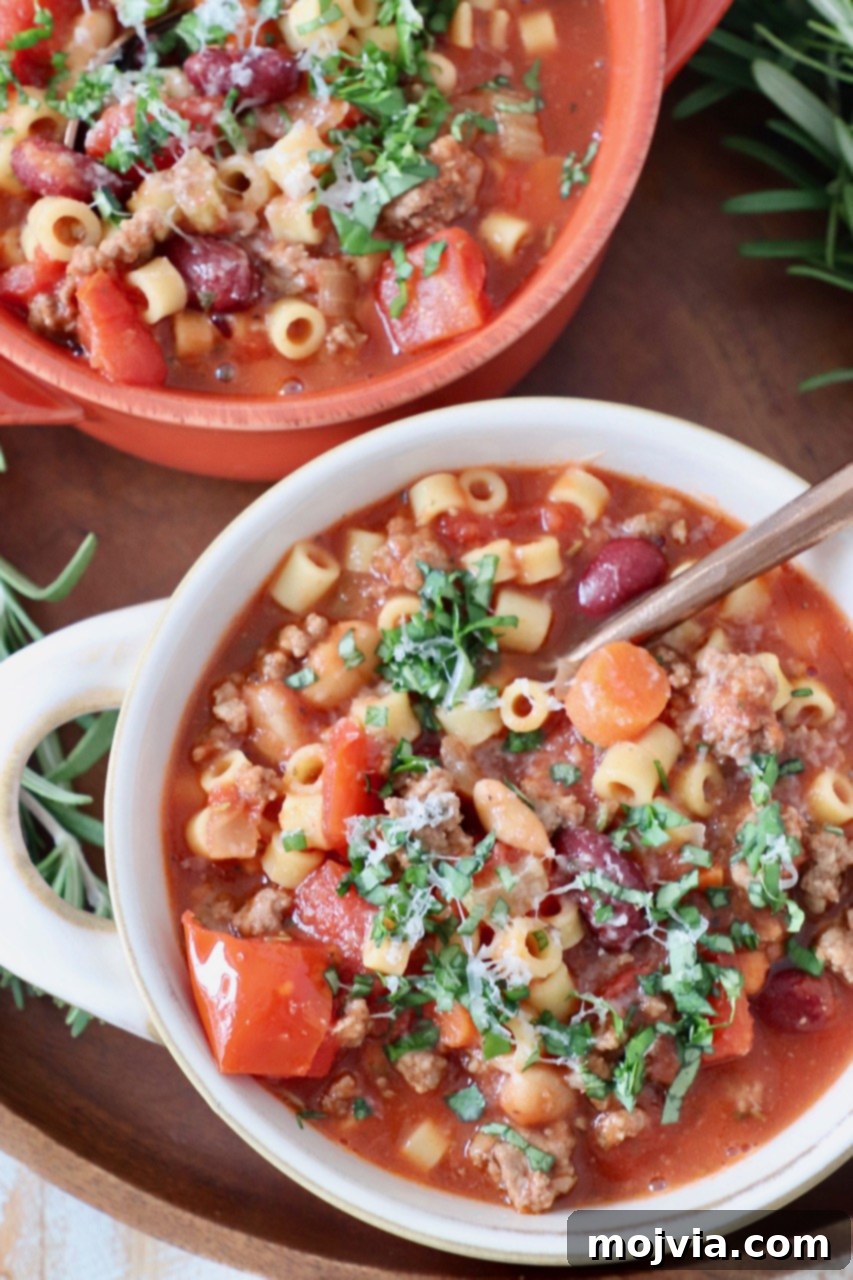 Hearty Pasta Fagioli 5 Overhead view of two bowls of Pasta Fagioli soup, garnished with herbs and a copper spoon.