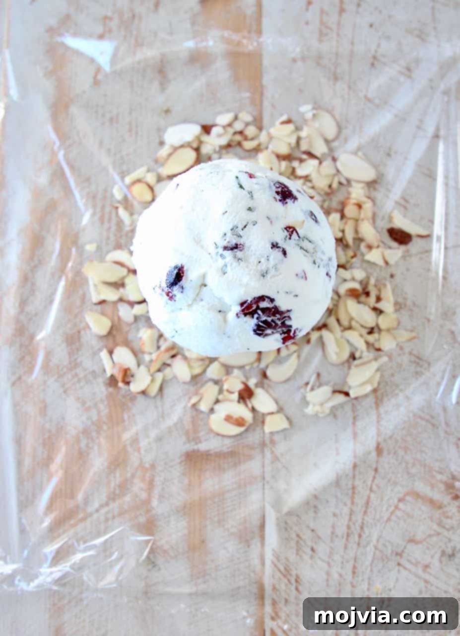 Sweet & Tart Cranberry Chevre Ball 3 A visual guide depicting the step-by-step process of preparing a goat cheese ball, from mixing ingredients to forming the sphere.