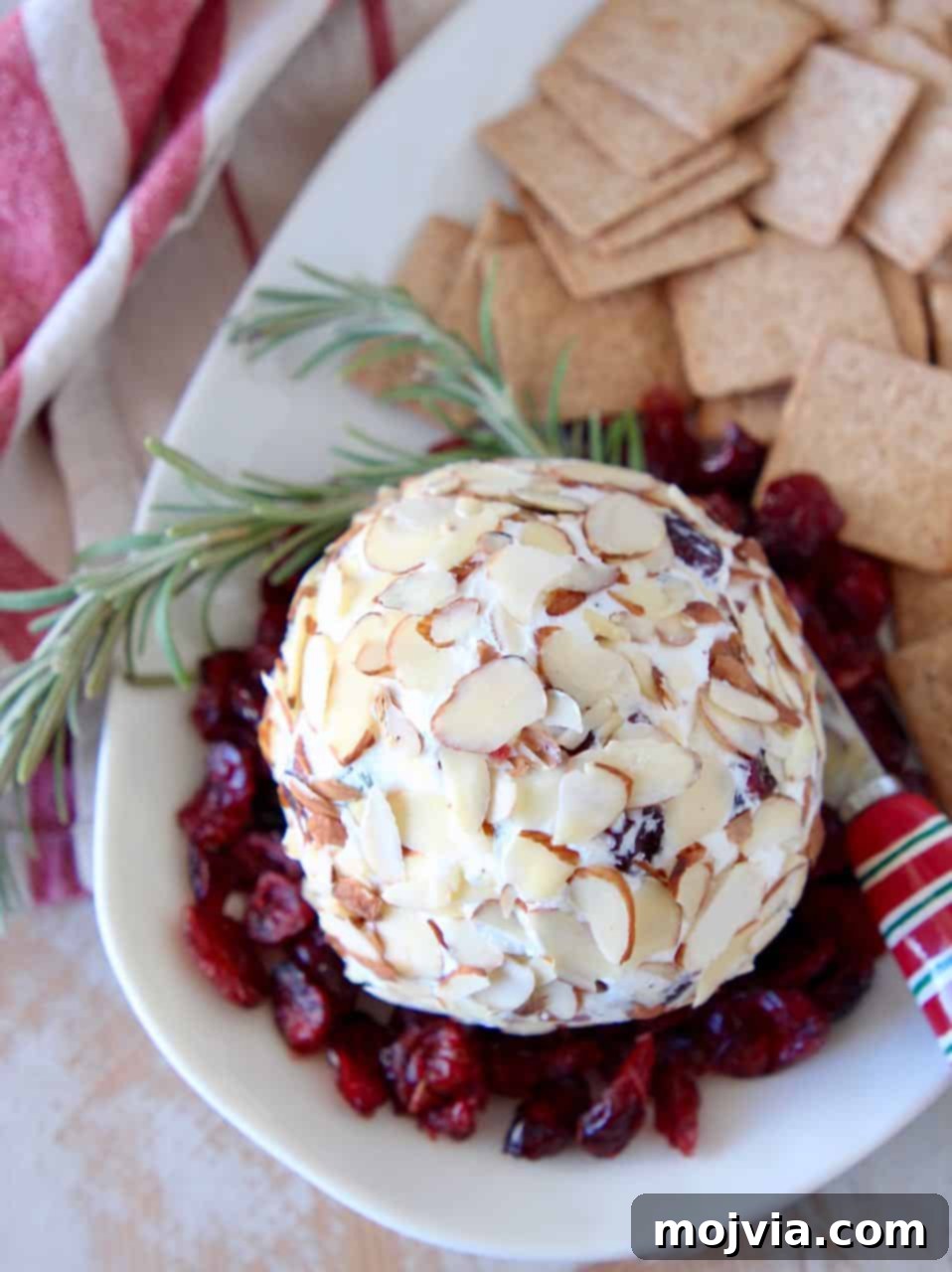 Sweet & Tart Cranberry Chevre Ball 4 A beautifully garnished goat cheese ball on a plate, adorned with sprigs of fresh rosemary and dried cranberries, surrounded by an array of crisp crackers.