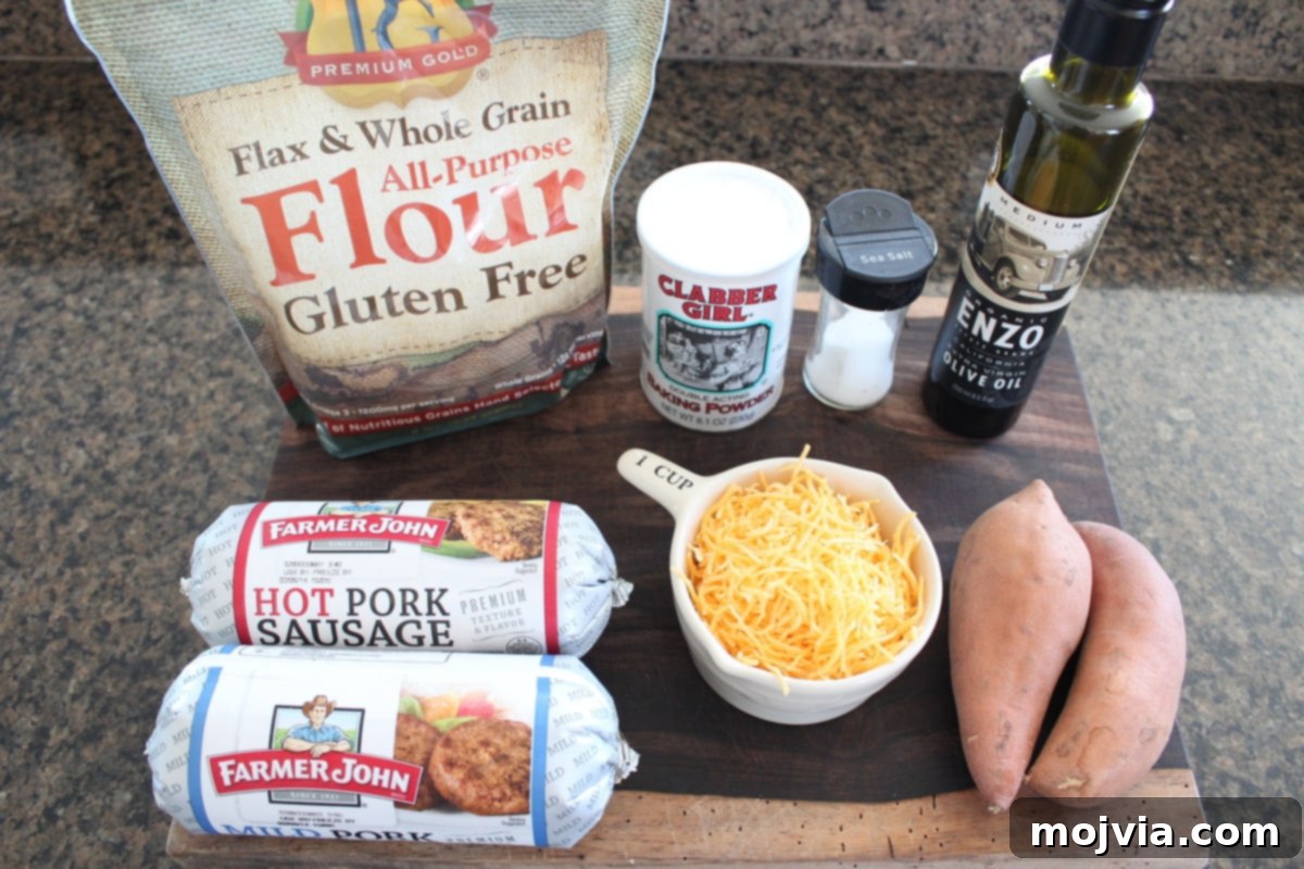 A flat lay of all the gluten-free sweet potato sausage ball ingredients, including flour, sweet potatoes, cheese, and sausage, arranged on a rustic wooden board.