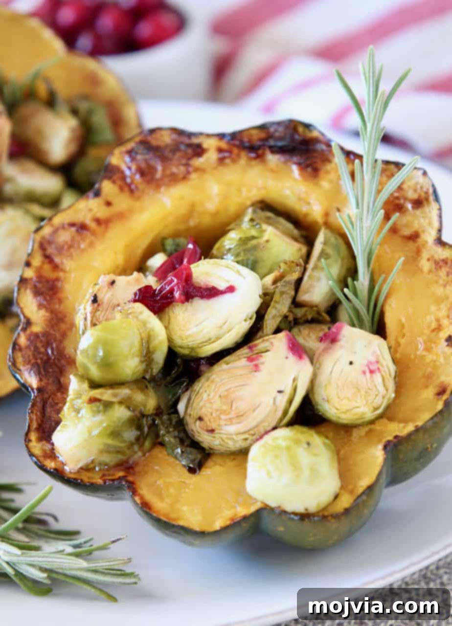 Autumn Harvest Acorn Squash with Cranberry and Brussels Sprout Filling 2 Stuffed acorn squash half filled with roasted brussels sprouts and cranberries, garnished with fresh herbs