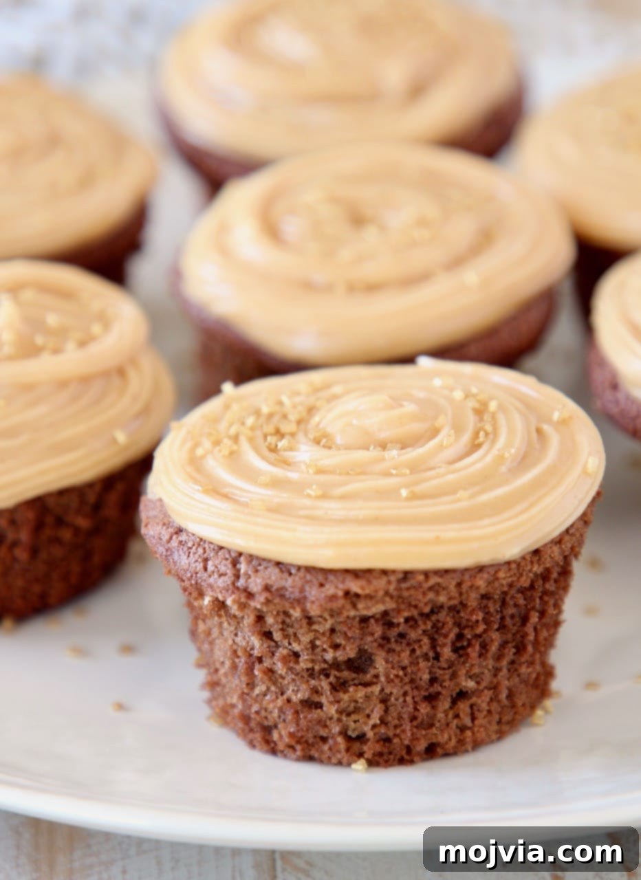 Wholesome Peanut Butter Chocolate Gluten Free Delights 2 chocolate cupcakes on plate with peanut butter frosting and gold sprinkles
