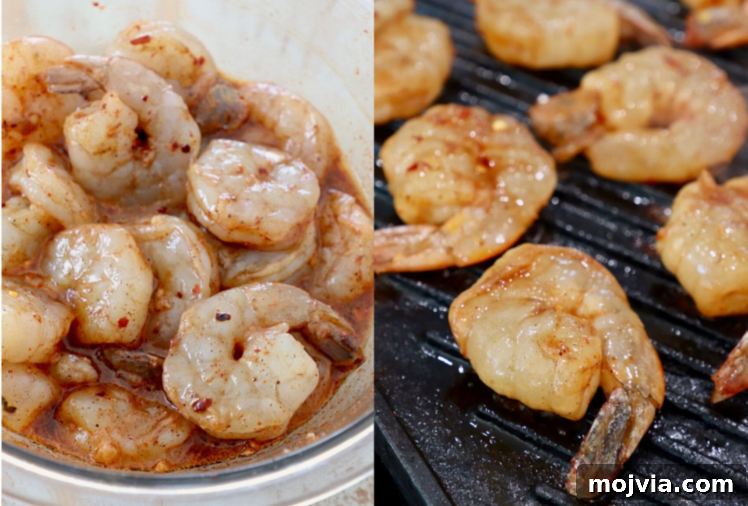 Succulent shrimp marinating in a flavorful sauce in a glass bowl, next to a grill pan with cooked shrimp, showcasing the before and after stages of the marinade process.