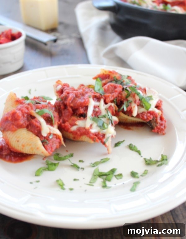 Sun-Drenched Sausage & Cheese Pasta Shells 13 Three perfectly stuffed shells with glistening red tomato sauce, served elegantly on a white plate, ready to be enjoyed.