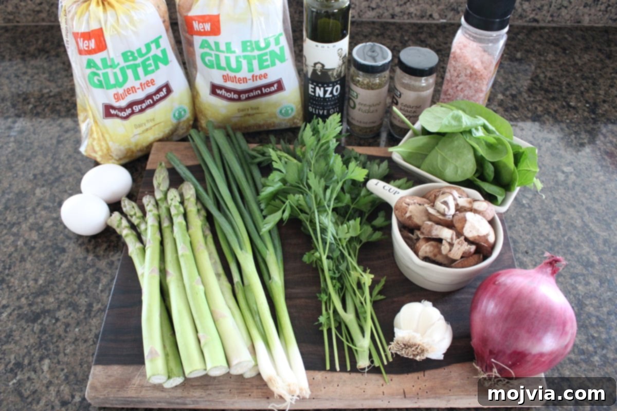 Vibrant Spring Garden Gluten Free Stuffing 3 Fresh Gluten Free Vegetable Stuffing Ingredients laid out on a wooden board