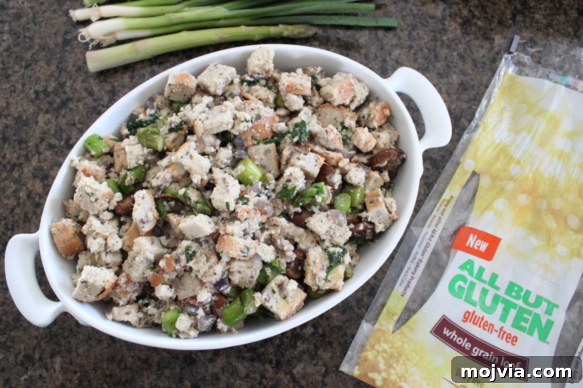 Vibrant Spring Garden Gluten Free Stuffing 8 Tossed stuffing mixture placed into a baking dish