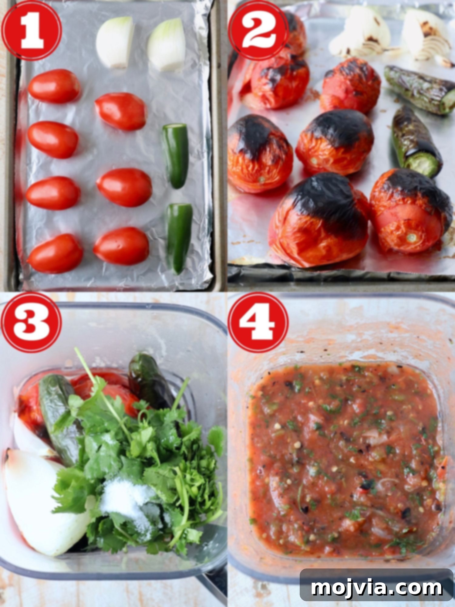 Your Go-To 10-Minute Fresh Salsa 4 A collage of step-by-step images demonstrating how to make homemade salsa, from roasting vegetables to blending.