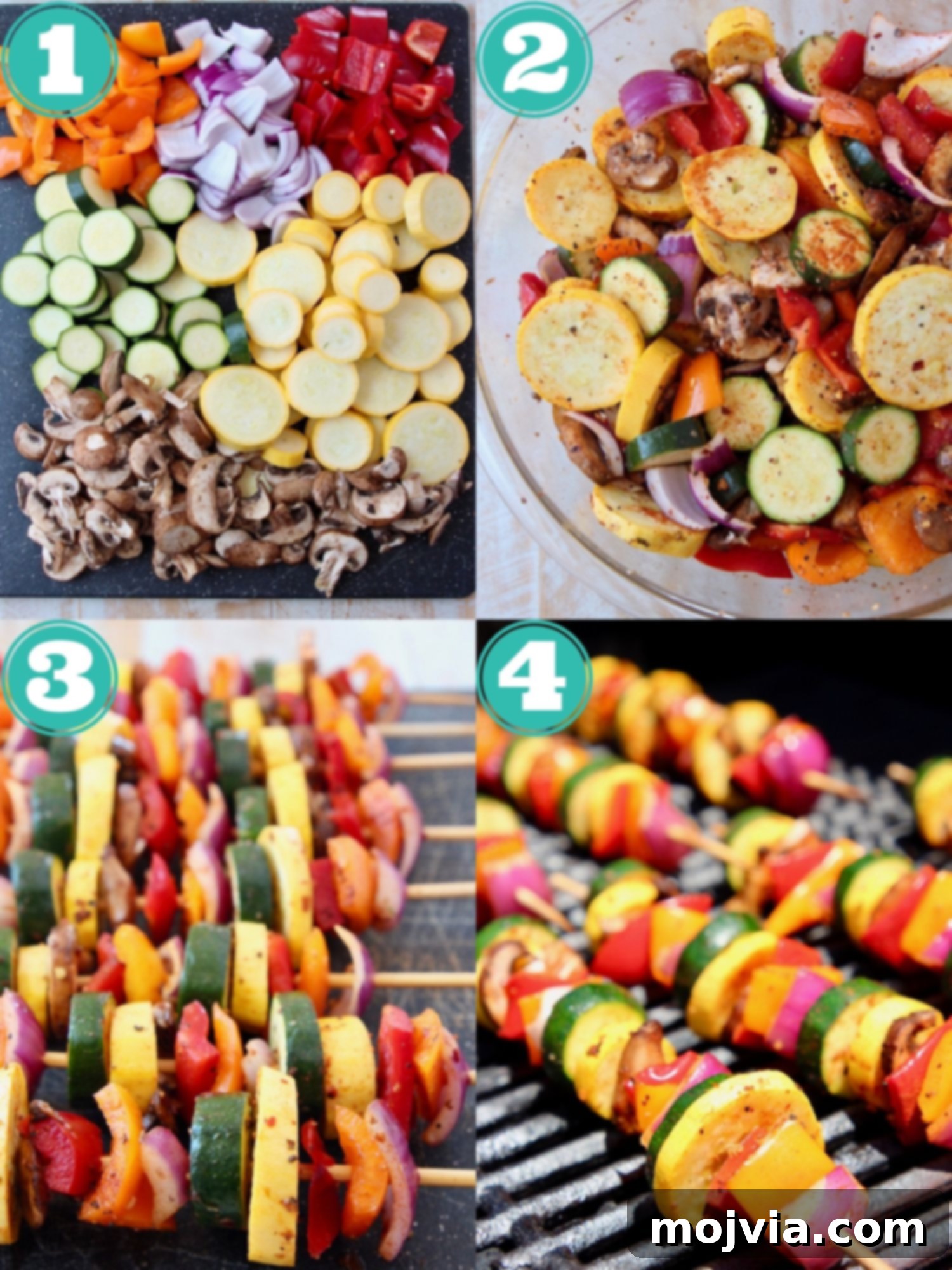 Vibrant Grilled Vegetable Skewers 4 A collage of images showing the process of making grilled vegetable skewers, from chopping ingredients to seasoning and skewering.