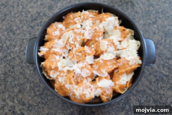 Buffalo Chicken Alfredo Stuffed Shells topped with sauce and Parmesan cheese, ready for baking.