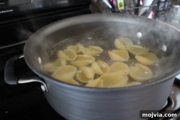 Boiled jumbo pasta shells ready for stuffing.