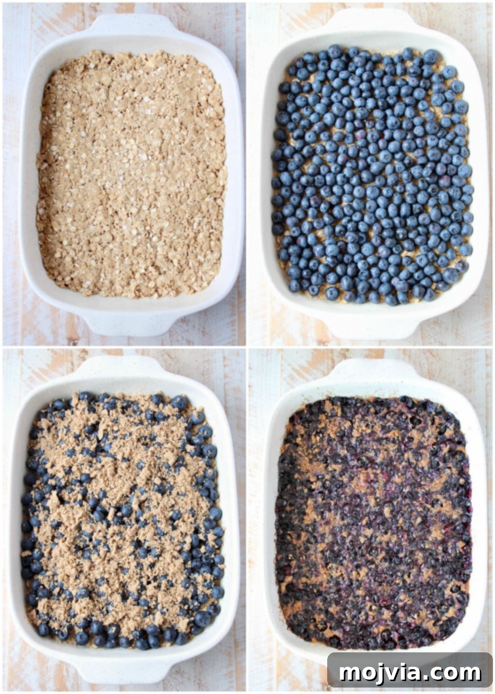 Gluten-Free Blueberry Bliss Bars 4 A collage showing the step-by-step process of making homemade gluten-free blueberry oatmeal bars, from mixing ingredients to layering and baking.
