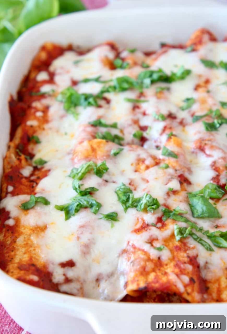 Italian enchiladas covered in melted mozzarella cheese and fresh basil