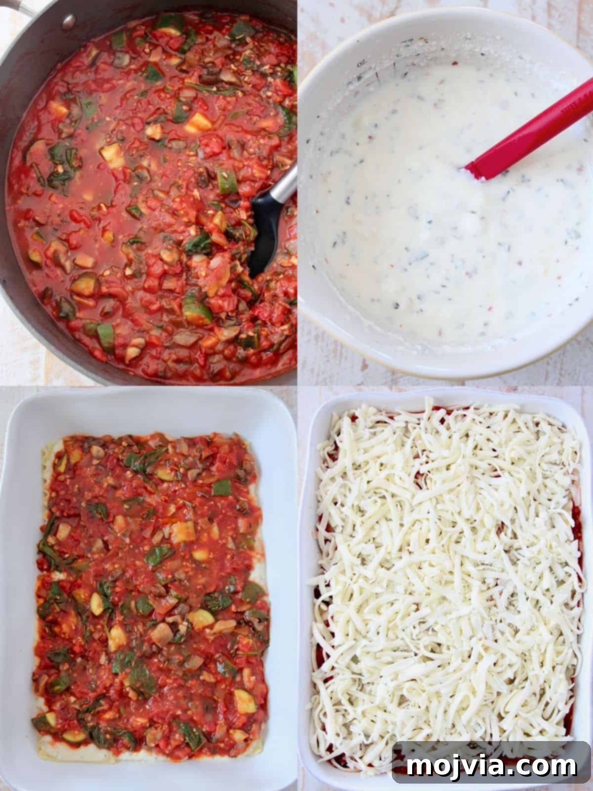 Green Goodness Lasagna 4 collage of images showing how to make vegetarian lasagna