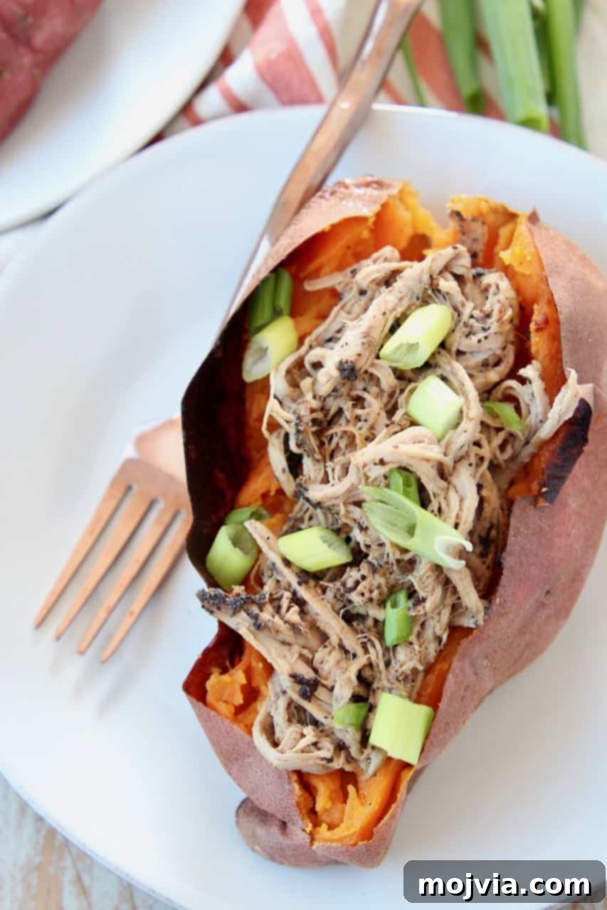 Flavorful pulled pork tenderloin served inside a perfectly roasted sweet potato on a pristine white plate, garnished with fresh herbs.