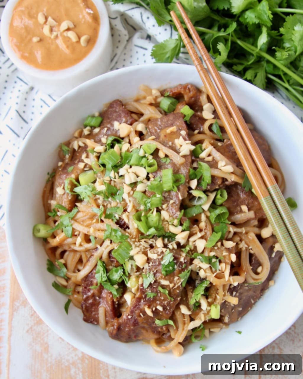 Bangkok Street Beef Noodles 2 Thai beef and noodles in a white bowl, generously topped with diced green onions and a sprinkle of fresh cilantro.