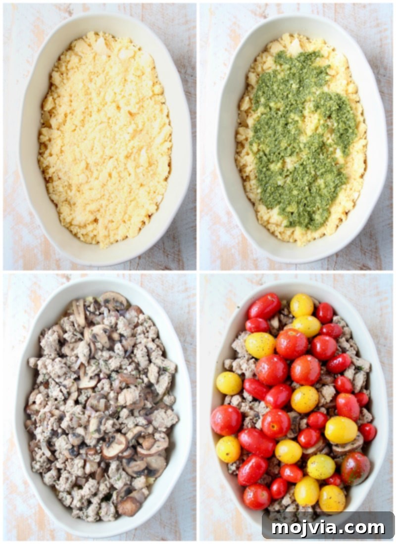 Italian Turkey Polenta Bake 4 Sequence of instructional images showing the steps to prepare the ground turkey casserole, from sautéing to layering.
