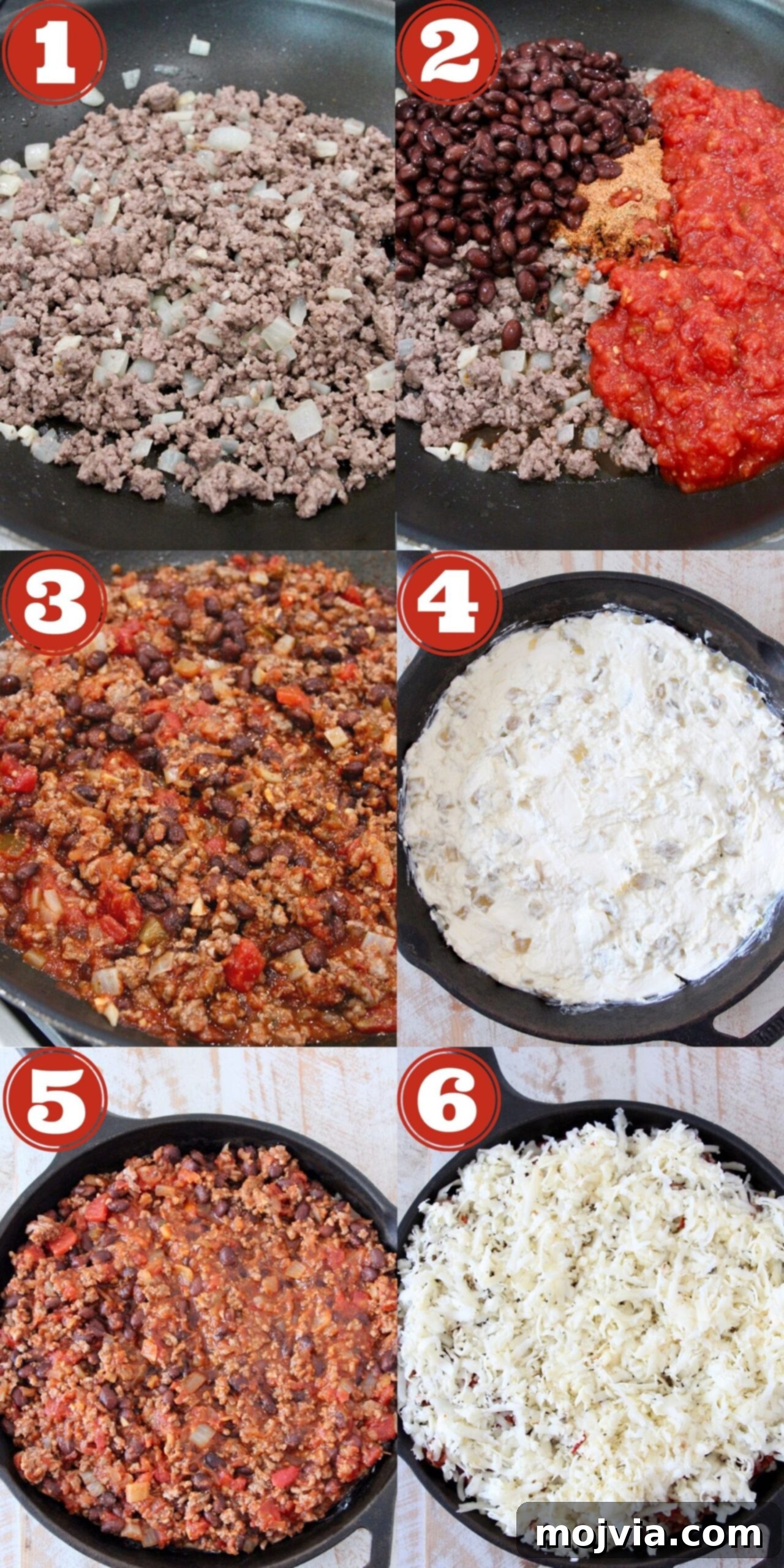 A collage of sequential images demonstrating the process of making cheesy baked taco dip from start to finish.