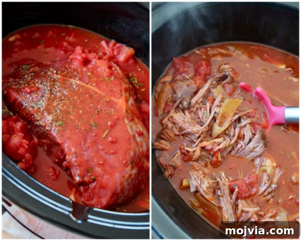 Beef ragu recipe in crock pot, mid-cooking process