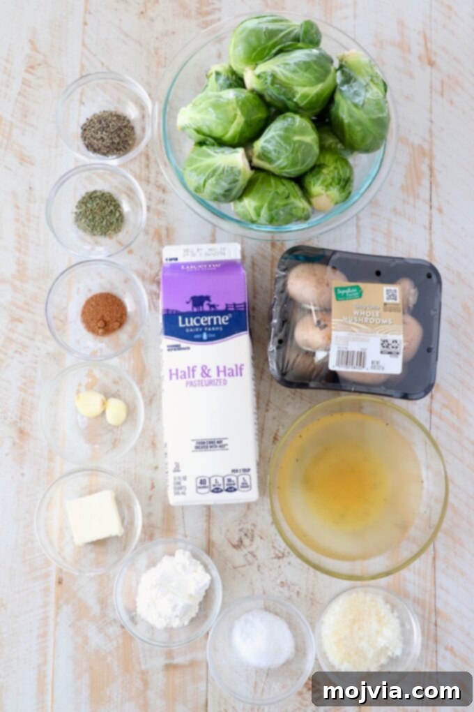 A vibrant display of fresh ingredients for brussel sprout casserole, including fresh brussels sprouts, mushrooms, thyme, garlic, and dairy, artfully arranged on a counter, promising a wholesome and delicious homemade dish.