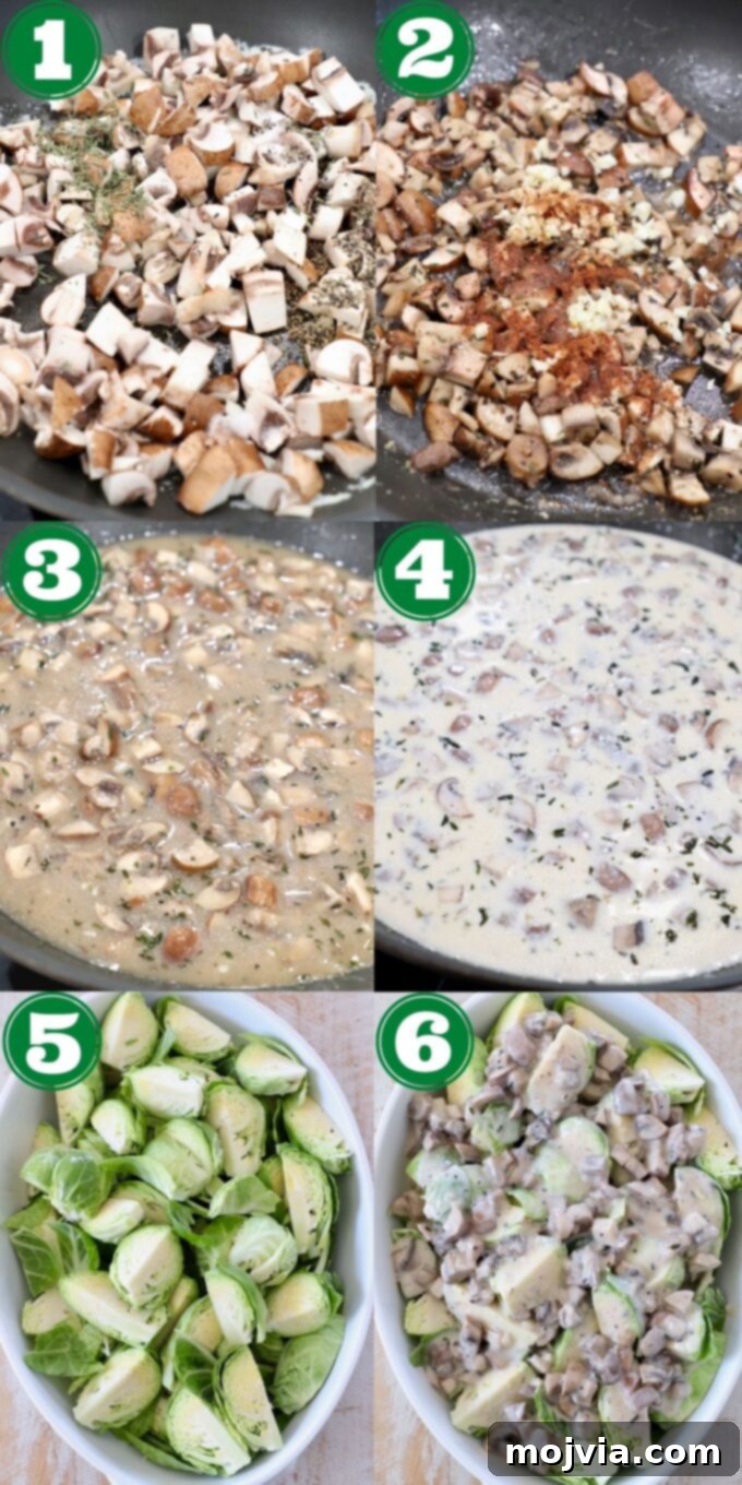A collage of sequential images demonstrating the process of making brussels sprouts casserole, from sautéing mushrooms to coating brussels sprouts in creamy sauce, ending with the casserole ready for baking, highlighting the ease of preparation.