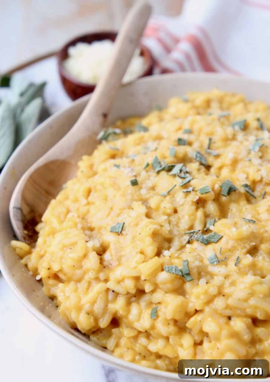 Velvet Butternut Risotto 2 Butternut squash risotto in bowl with wooden spoon