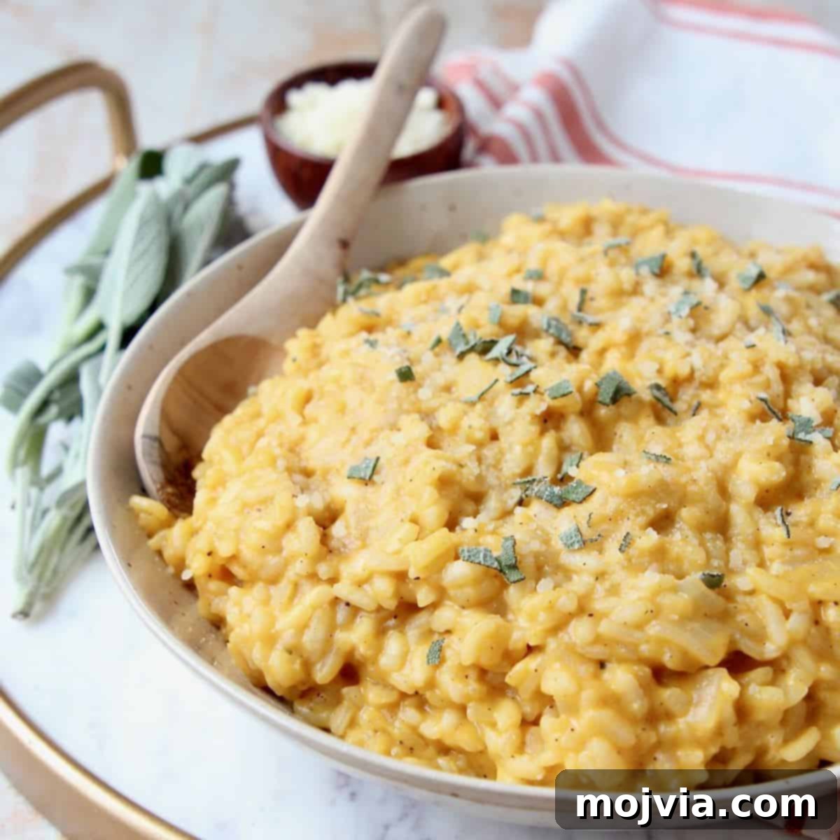 Velvet Butternut Risotto 4 Butternut squash risotto in bowl with wooden spoon