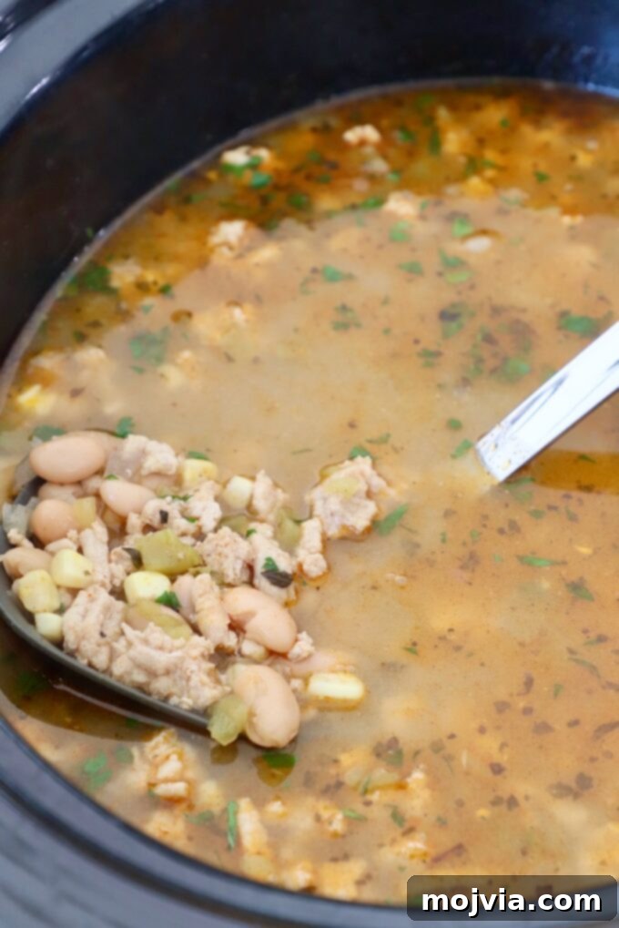 Homestyle White Chicken Chili 7 Cooked white chicken chili in a Crock Pot with a ladle, ready for serving