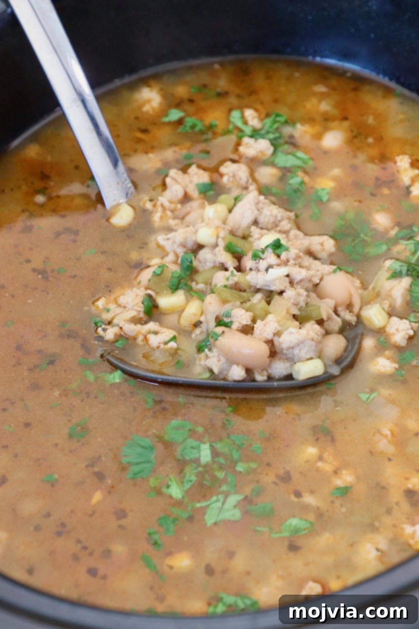 Homestyle White Chicken Chili 9 White chicken chili bubbling gently in a Crock Pot, with a ladle resting inside, ready to serve