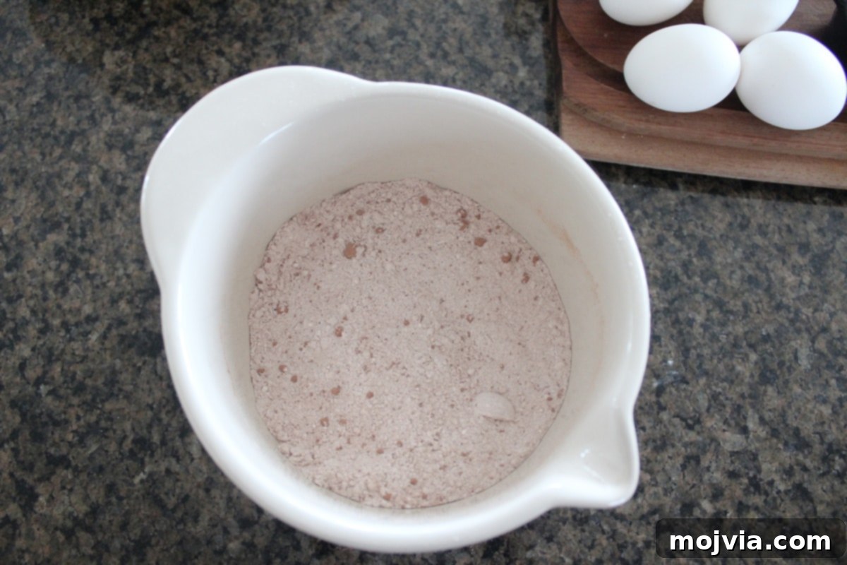 Ruby Red Brookie Bliss 4 Cocoa powder, flour, salt, and baking powder mixed in a white bowl, ready for the wet ingredients.