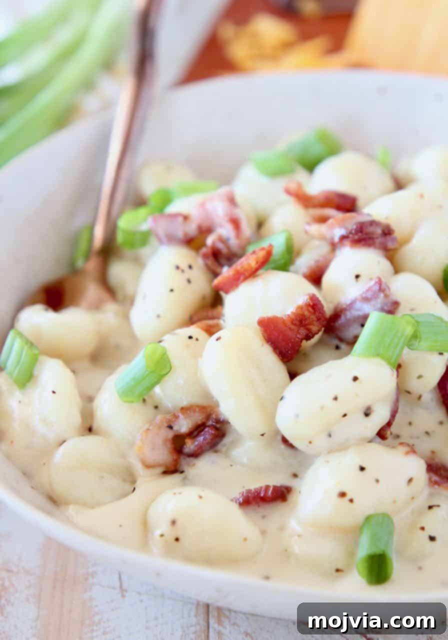 Creamy gnocchi in bowl with spoon