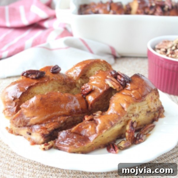 Decadent Salted Caramel Praline French Toast 10 Perfectly sliced pieces of Salted Caramel Praline French Toast arranged artfully on a white plate, ready to be enjoyed.