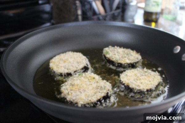 Elevated Caprese with Crispy Eggplant and Prosciutto 5 Coated eggplant slices cooking in a pan with oil.