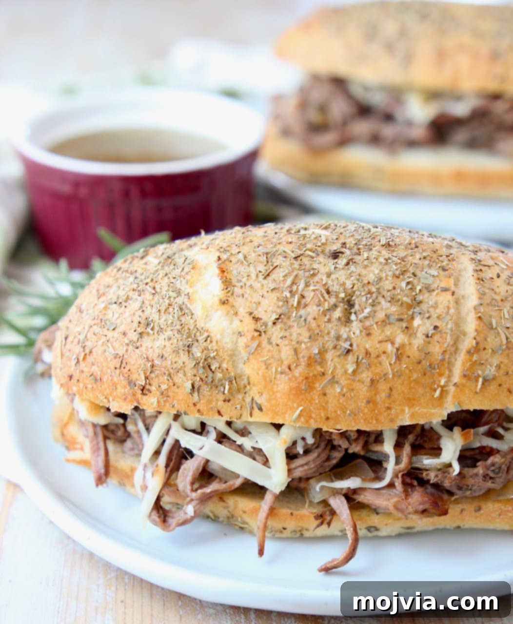 Shredded tri tip sandwich on plate with bowl of au jus