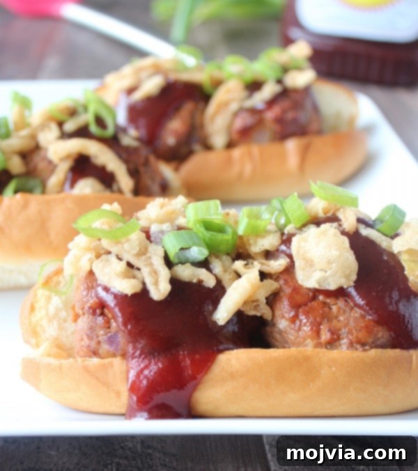 Smoky BBQ Meatball Hero 2 Delicious BBQ Meatball Sub with crispy onions