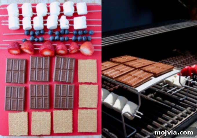 collage of images showing how to make grilled berry smores step-by-step on a grill