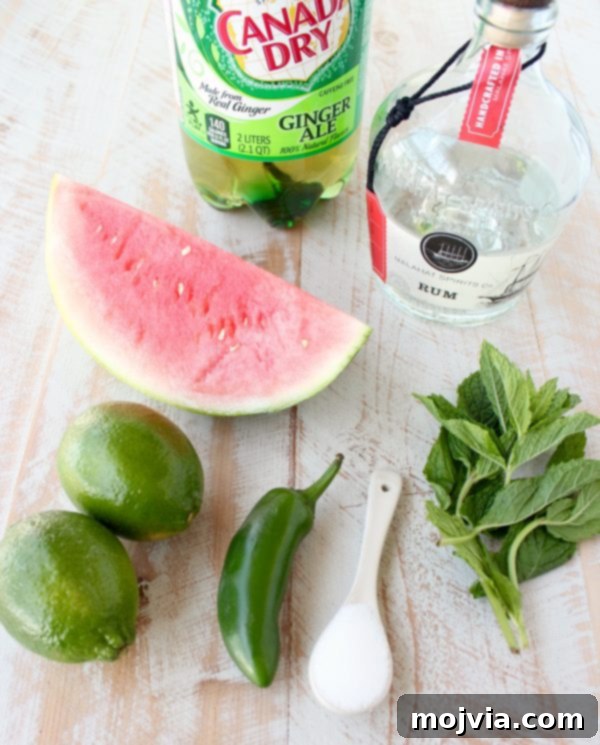 Crimson Kick Mojito 4 Watermelon Jalapeno Mojito ingredients laid out on a table