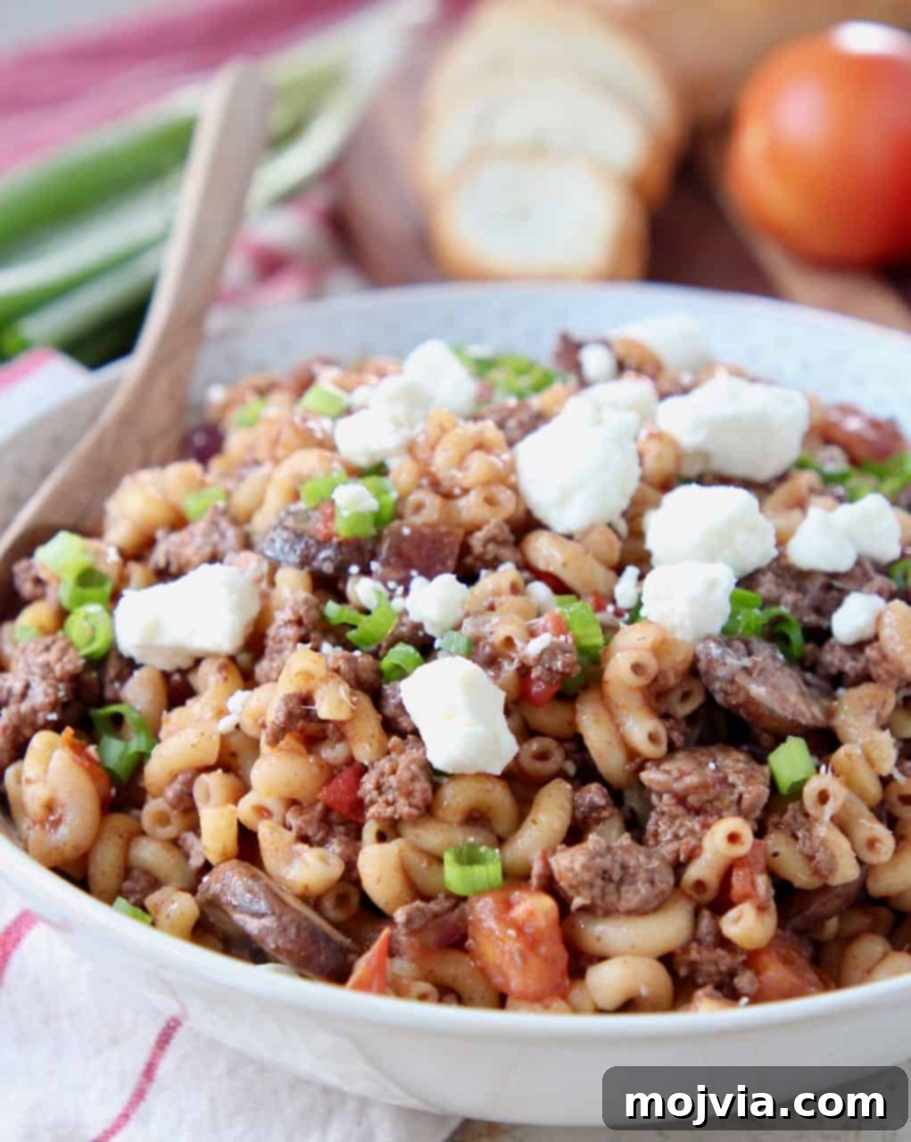 Mediterranean Lamb Pasta Skillet 2 Ground lamb pasta in bowl topped with crumbled feta cheese
