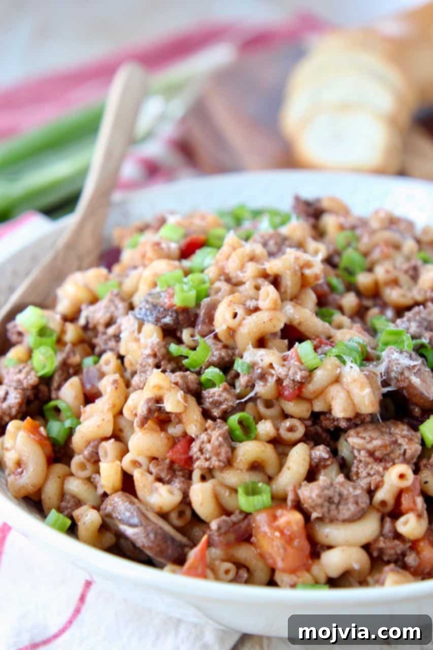 Mediterranean Lamb Pasta Skillet 4 Ground lamb macaroni in white bowl