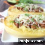Turkey Chili Spaghetti Squash Bowls 9 Close-up of a serving of Turkey Chili Spaghetti Squash