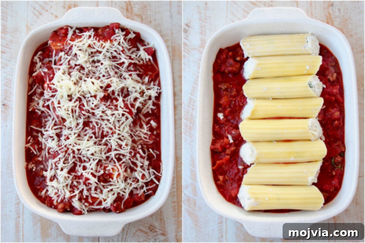Hearty Three-Cheese Manicotti with Robust Italian Sausage Marinara 4 Instructional images demonstrating how to prepare cheese manicotti with marinara sauce step-by-step.