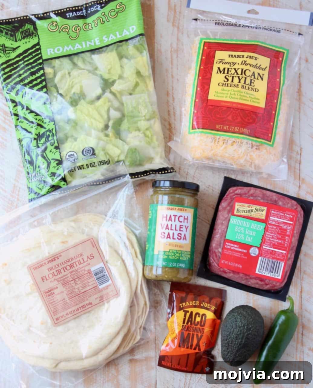 Trader Joe's Twist on Tacos 4 A vibrant selection of fresh ingredients for making Trader Joe's tacos, including ground beef, tortillas, vegetables, and seasoning
