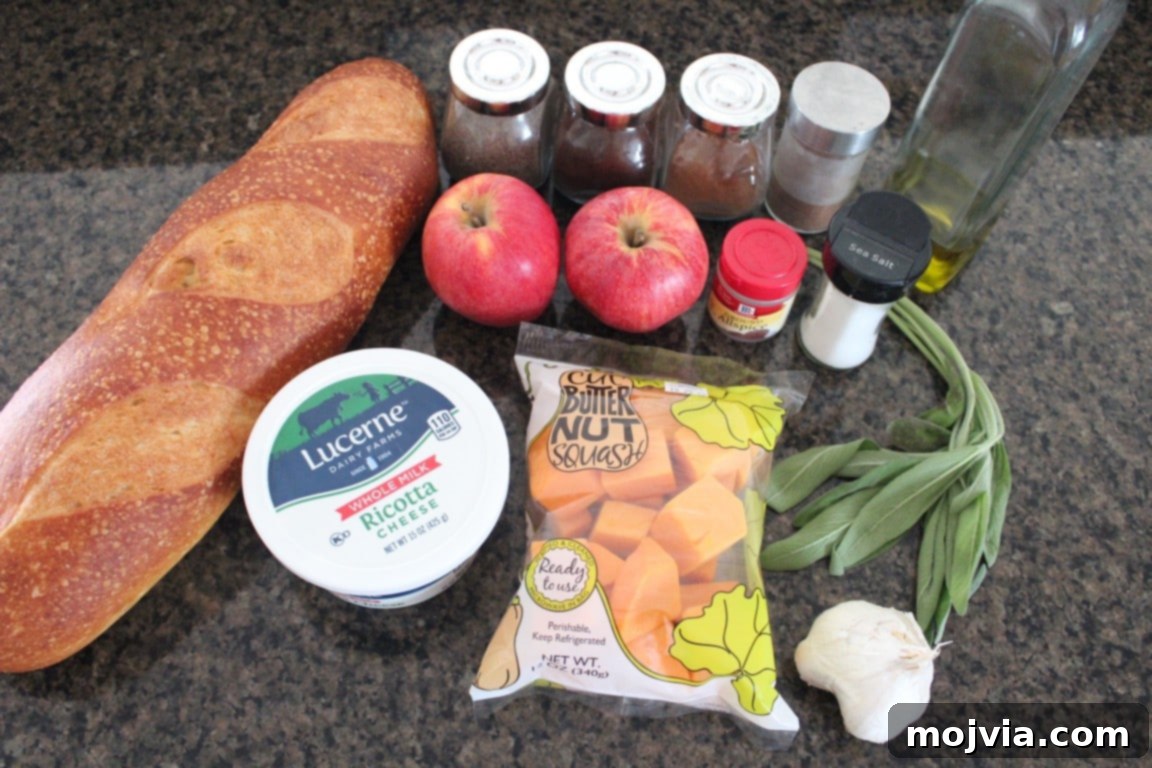 Caramelized Butternut Apple Crostini 3 Butternut Squash Apple Bruschetta Ingredients on granite countertop