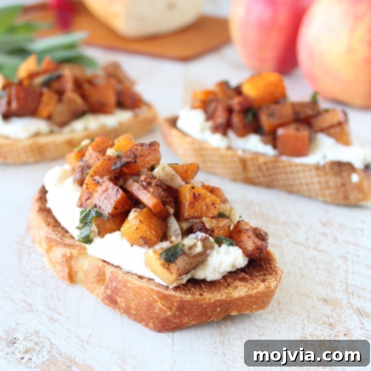 Caramelized Butternut Apple Crostini 6 Diced Roasted Butternut Squash and apples on top of ricotta cheese on toasted slices of bread