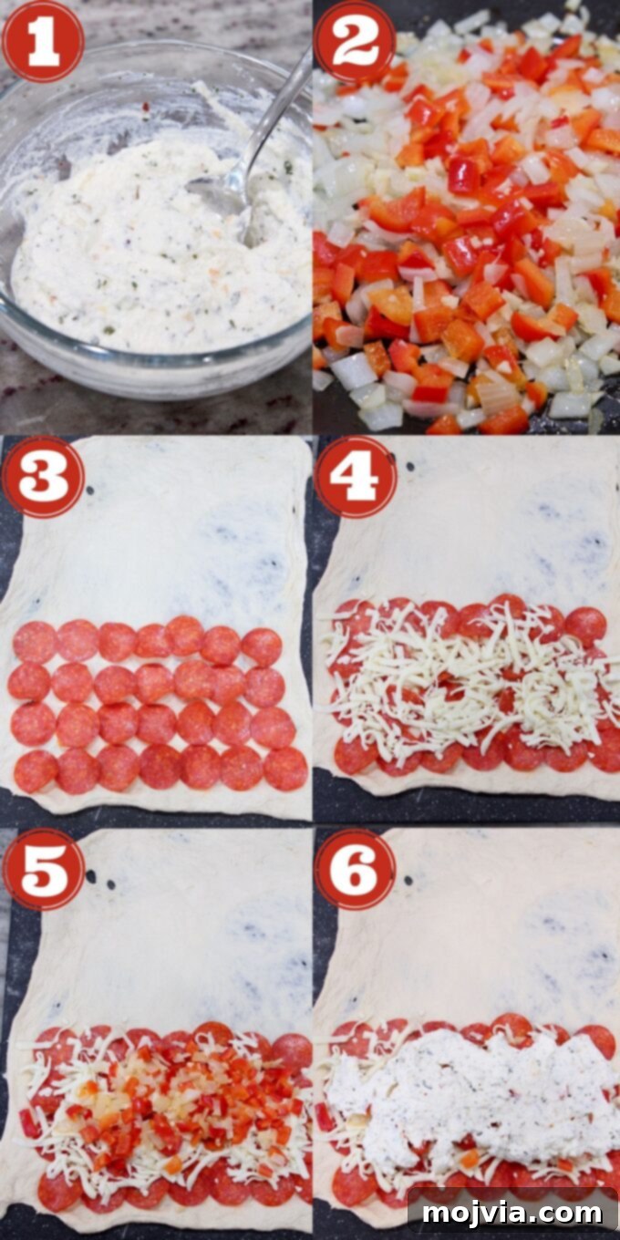A visual collage illustrating the initial steps of making a calzone, including combining ricotta and seasoning, sautéing vegetables, and stretching the pizza dough.
