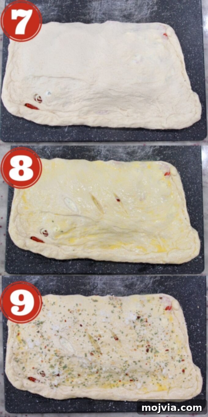 A visual collage depicting the assembly and final preparation of a calzone, from layering fillings and sealing the dough to applying egg wash and parmesan before baking.
