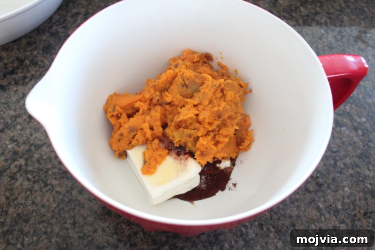 Mixing mashed sweet potatoes with cheeses and spices in a bowl for the Baked Sweet Potato and Three Cheese Dip Recipe.