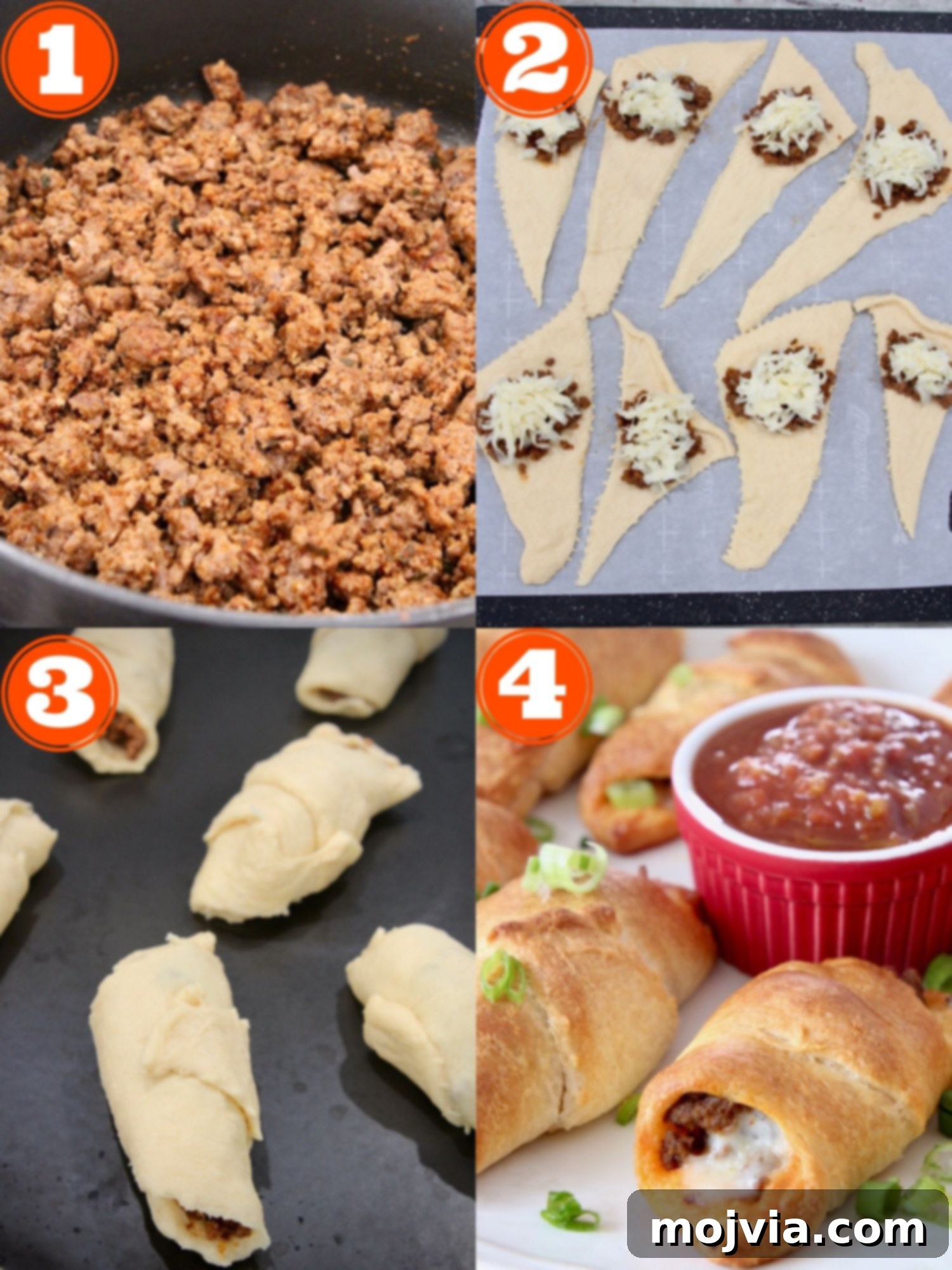 Taco Roll-Up Bites 4 collage of images showing how to make taco crescent rolls