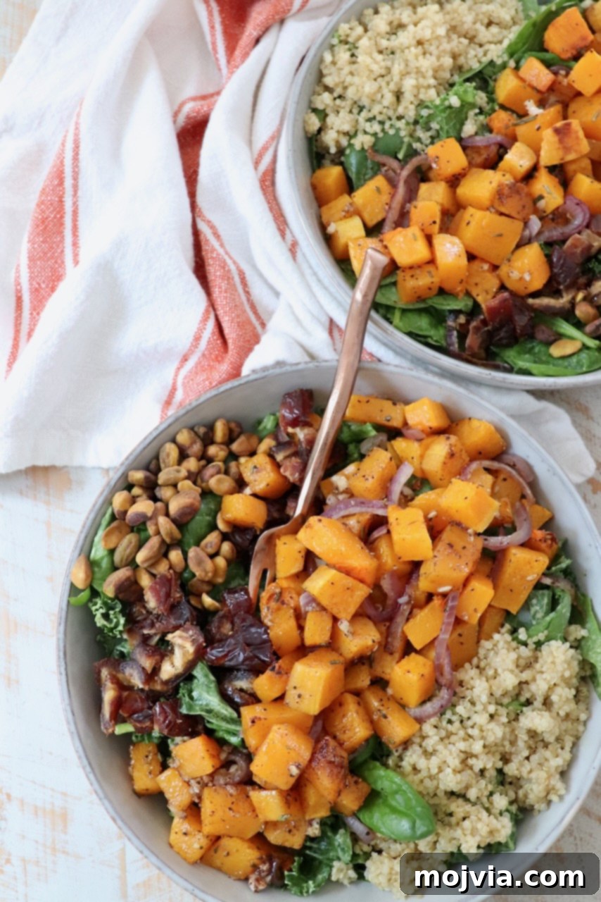 Golden Roasted Butternut Salad 8 butternut squash salad in two bowls with forks
